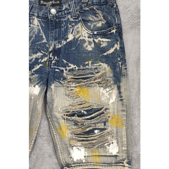 Diamond Stash Mens Jorts Jean Shorts Distressed Paint Splatter Yellow Smoke Wash - Picture 7 of 9